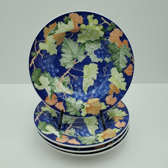 La Primula Quadrifoglio Grape Leaves on Blue Rim Soup Bowls Pasta Salad Bowls - Picture 1 of 7